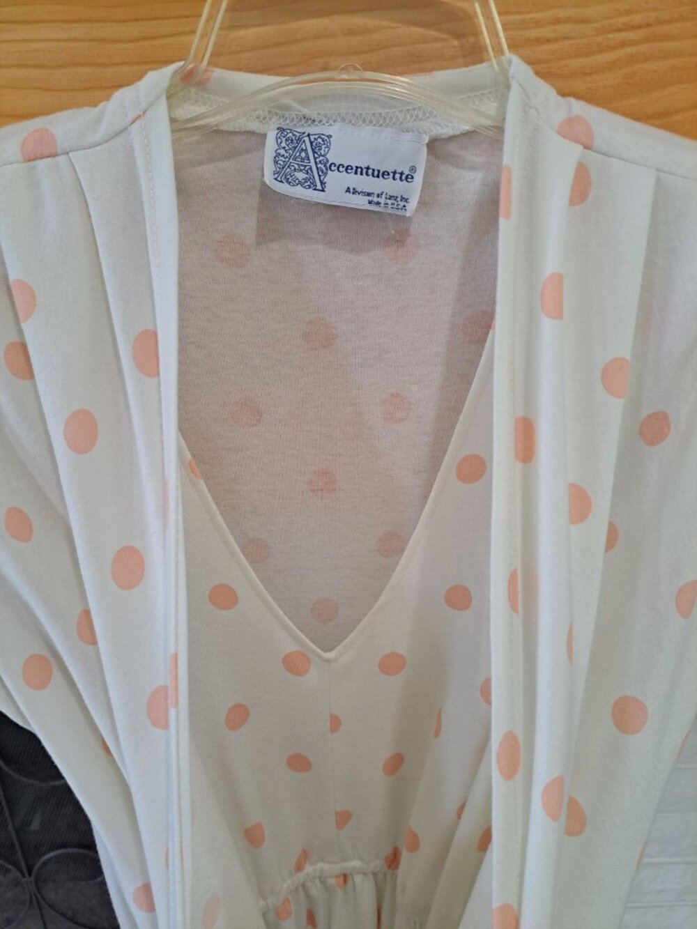 Vintage Polka Dot Wrap Dress Size 12  Accentuette USA Cotton Peach Cream Cottage - Picture 7 of 13